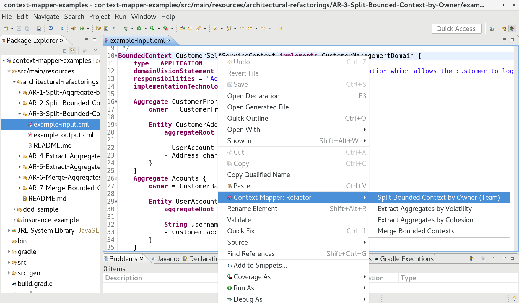 The ARs have been implemented as Code Refactorings for the Context Mapper DSL (CML) and integrated into the Eclipse IDE.